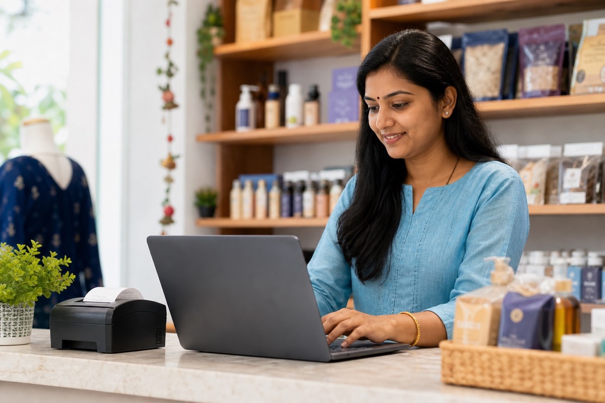Indian business owner installing DukaanMatic on a laptop at the shop counter