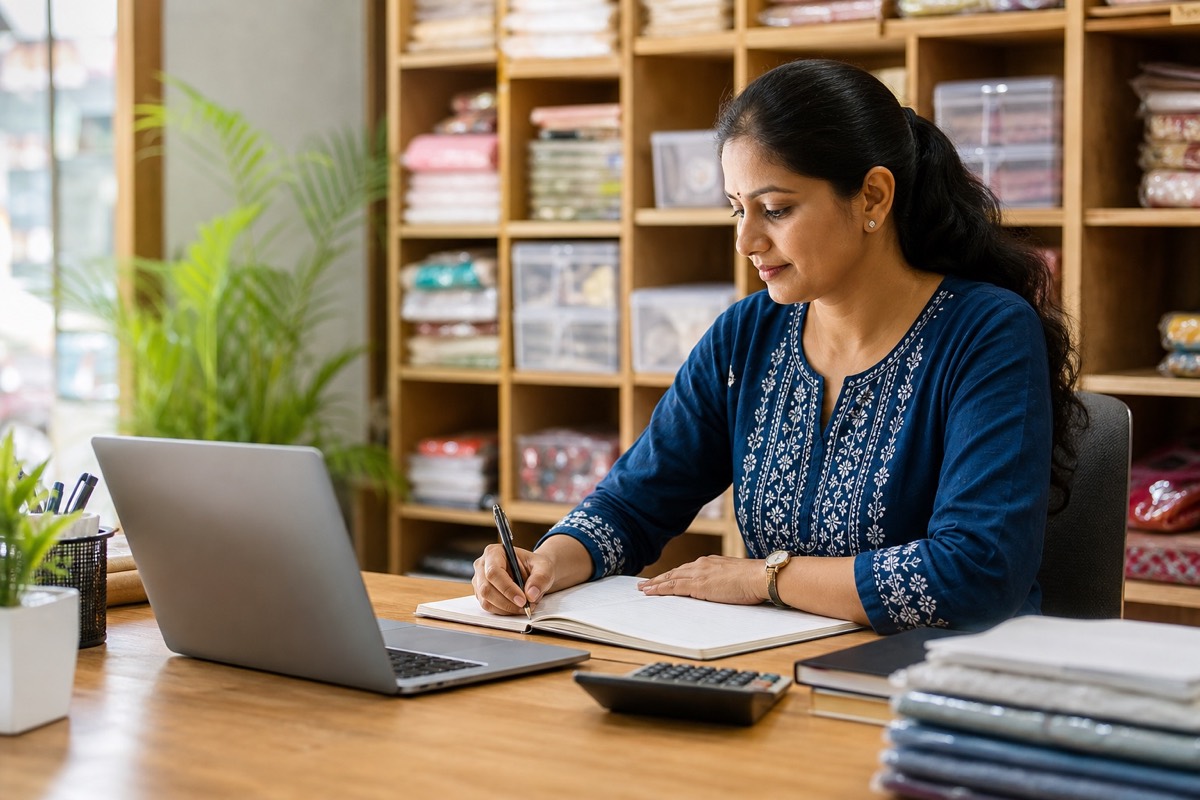 Indian textile business owner learning with a laptop, notebook and calculator