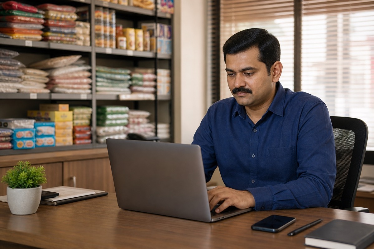 Indian business owner securely reviewing company information on a laptop