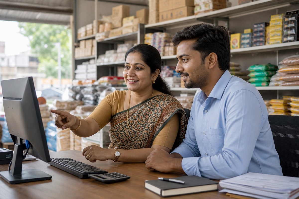Indian business owner and staff managing operations on a desktop computer